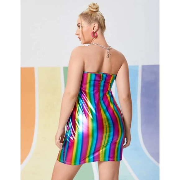 Plus Size Rainbow PU Vegan Leather Rainbow Striped Tube Style Dress Shiny - Picture 2 of 10